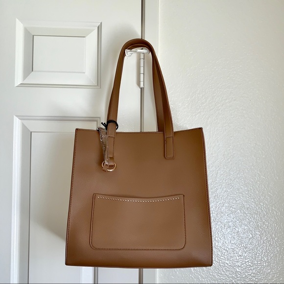 Handbags - Faux Leather Cognac Brown Studded Tote